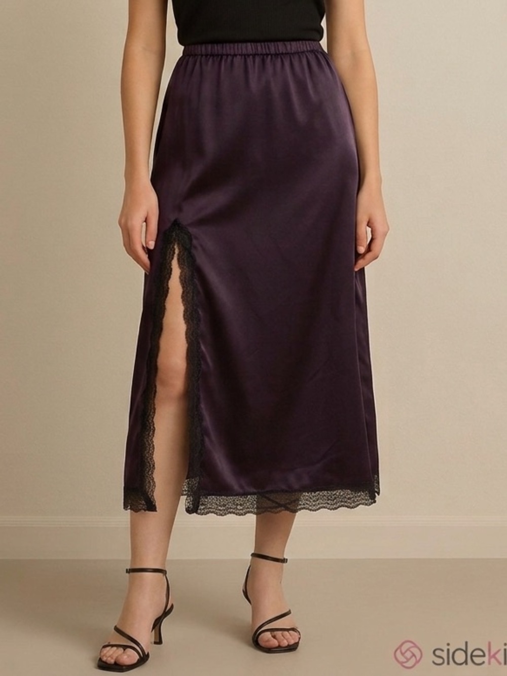 Vintage Black Satin Slip Midi Skirt w/ Lace Trim and Side Slit - Medium